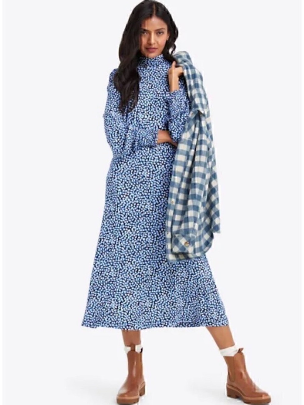 Karen Turtleneck Dress in Blue Square Dot